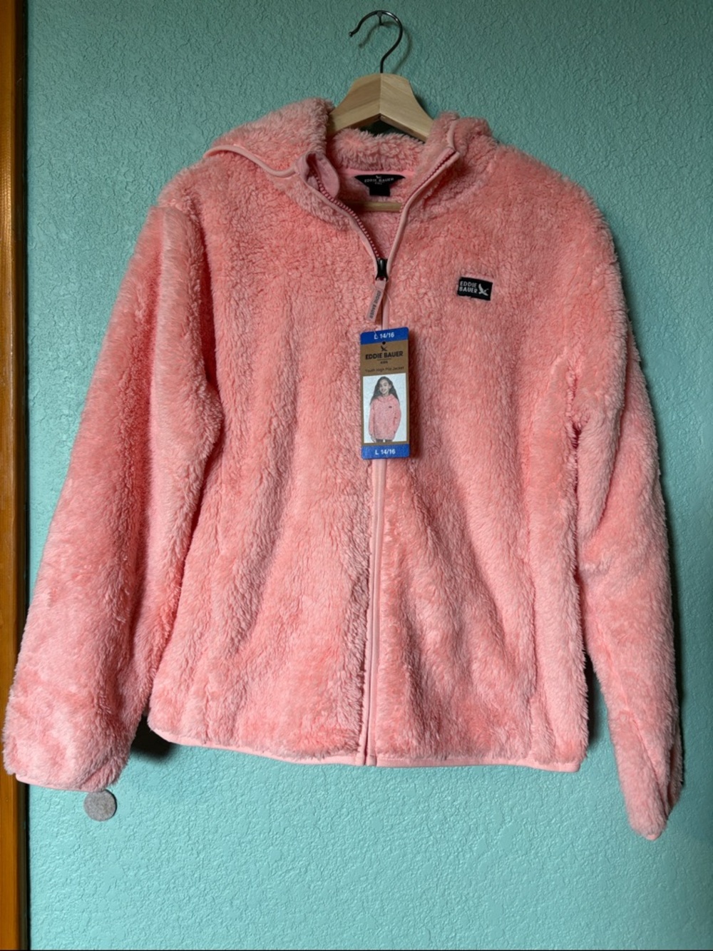 Eddie Bauer Youth Pink Fleece High Pile Jacket with Hood Girls Size L 14/16 NWT